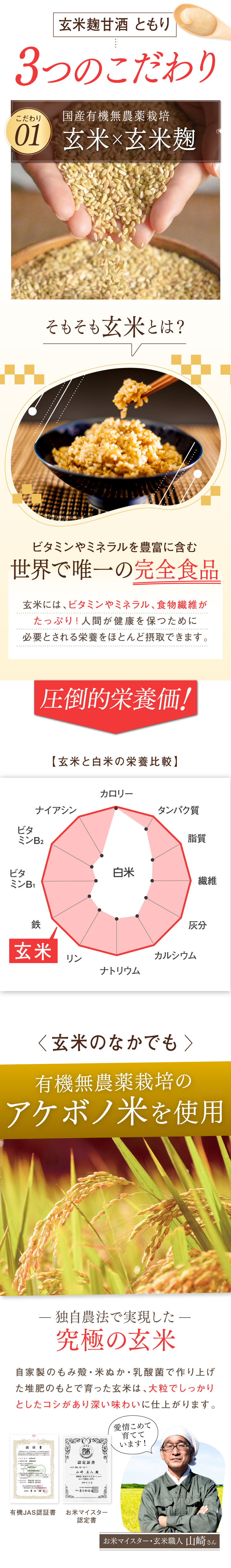 3つのこだわり。その1、玄米×玄米麹。そもそも玄米は……世界で唯一の完全食品。玄米の中でも、有機無農薬栽培のアケボノ米を使用。