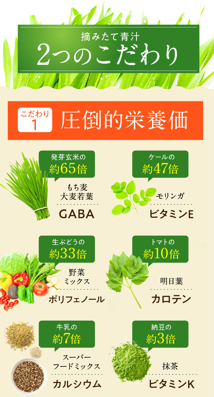 つみたて青汁2つのこだわり。こだわり1、圧倒的な栄養価。