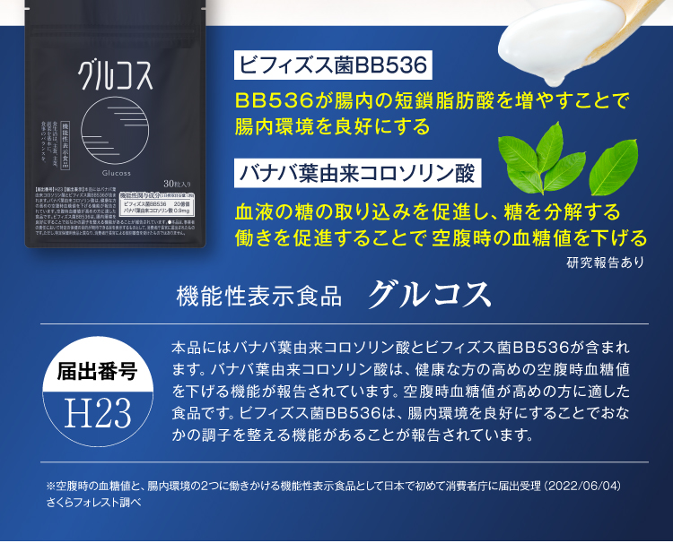 ビフィズス菌BB536：腸内のpHを調整し、短鎖脂肪酸を増やすことで腸内環境を良好にする。バナバ葉由来コロソリン酸：血液の糖の取り込みを促進し、糖を分解する働きを促進することで空腹時の血糖値を下げる。