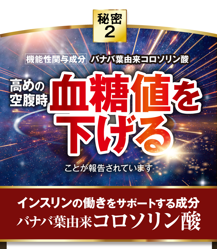 秘密2：機能性関与成分 バナバ葉由来コロソリン酸高めの空腹時血糖値を下げることが報告されています。インスリンの働きをサポートする成分バナバ薬由来コロソリン酸。