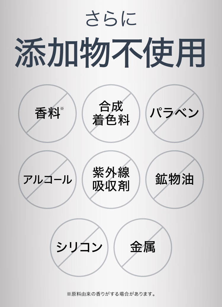 さらに添加物不使用。香料・合成着色料・パラベン・アルコール・紫外線吸収剤・鉱物油・シリコン・金属不使用