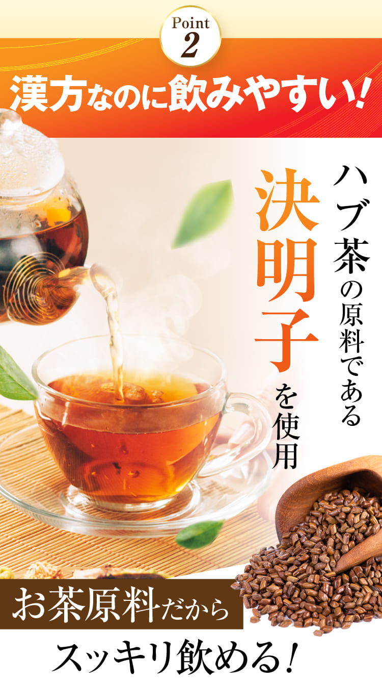 point2.　漢方なのに飲みやすい。配合生薬の一つ決明子は、ハブ茶の原料。お茶原料だから、スッキリ飲める！