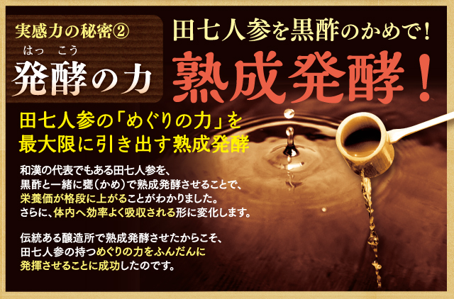 田七人参を黒酢のかめで熟成発行！田七人参のめぐりの力を最大限に引き出す熟成発酵。