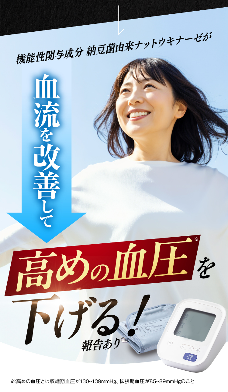 納豆菌由来ナットウキナーゼが高めの血圧を下げる報告あり