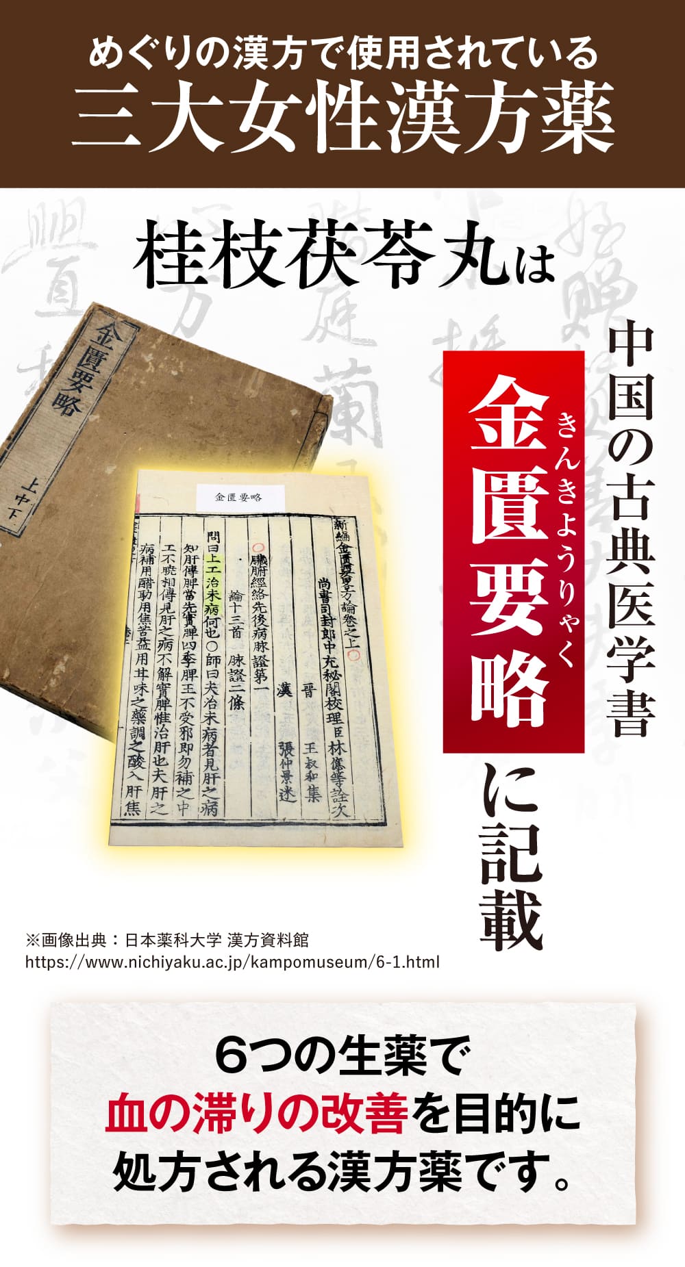 めぐりの漢方で使用されている三大女性漢方薬である桂枝茯苓丸は、中国の古典医学書である金匱要略に記載されています。