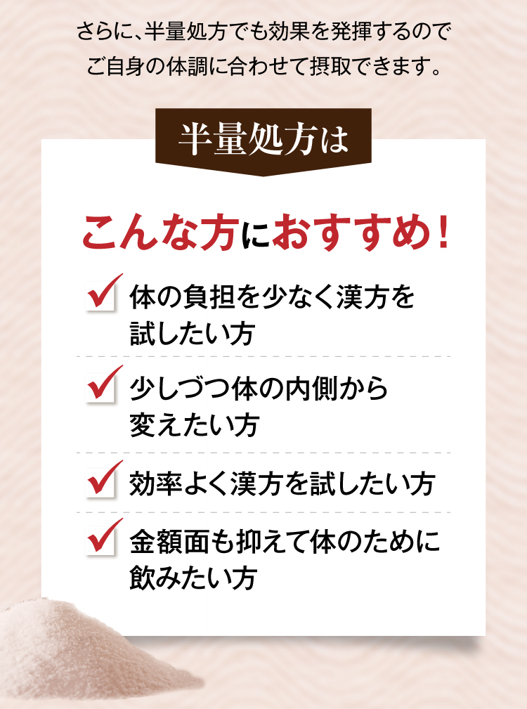 さらに、半量処方なのでご自身の体調に合わせて摂取できます。