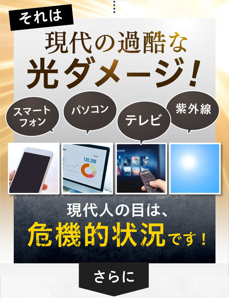 目の不調を抱えている人が急増している理由。それは、現代の過酷な光ダメージ。現代人の目は、危機的状況です！