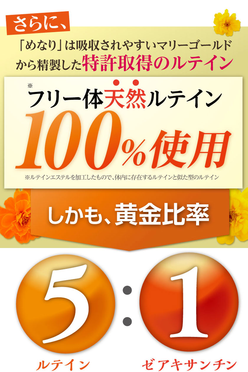 さらに、めなりは吸収されやすいマリーゴールドから精製した特許取得のフリー体ルテインを100%使用。しかも5：1の黄金比率を実現。