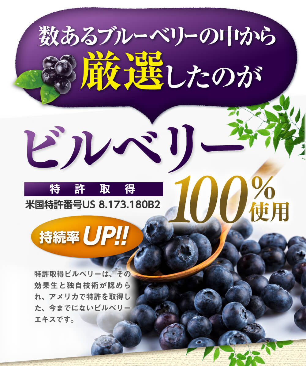 数あるブルーベリーの中から厳選したのが特許取得のビルベリー。効果性と独自技術が認められた今までにないビルベリーエキスを100%使用。