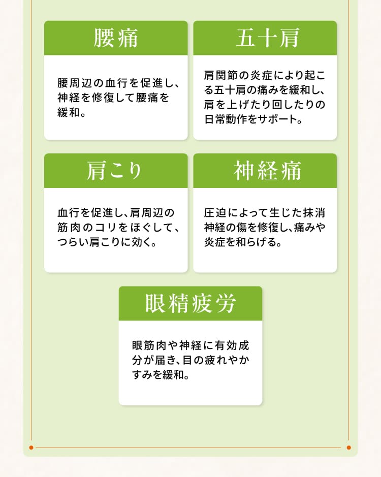 腰痛、五十肩、肩こり、神経痛、眼精疲労にも効く