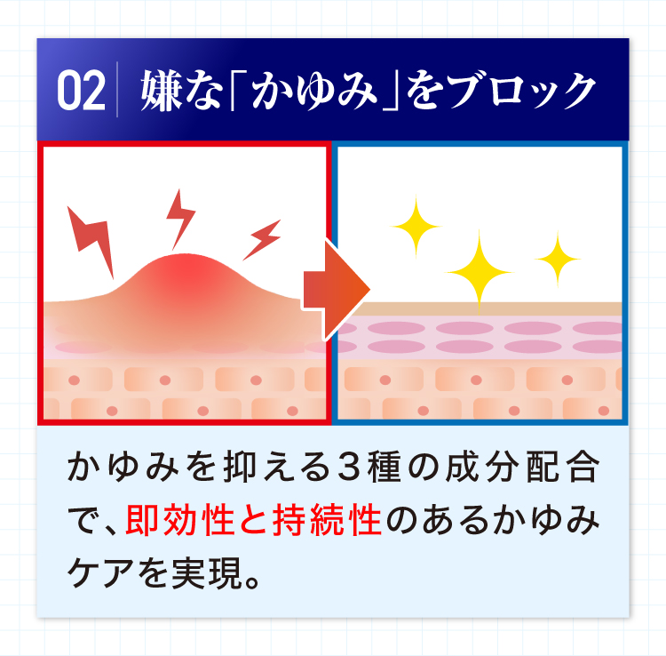 特長02 嫌な「かゆみ」をブロック：かゆみを抑える3種の成分配合で、即効性と持続性のあるかゆみケアを実現。