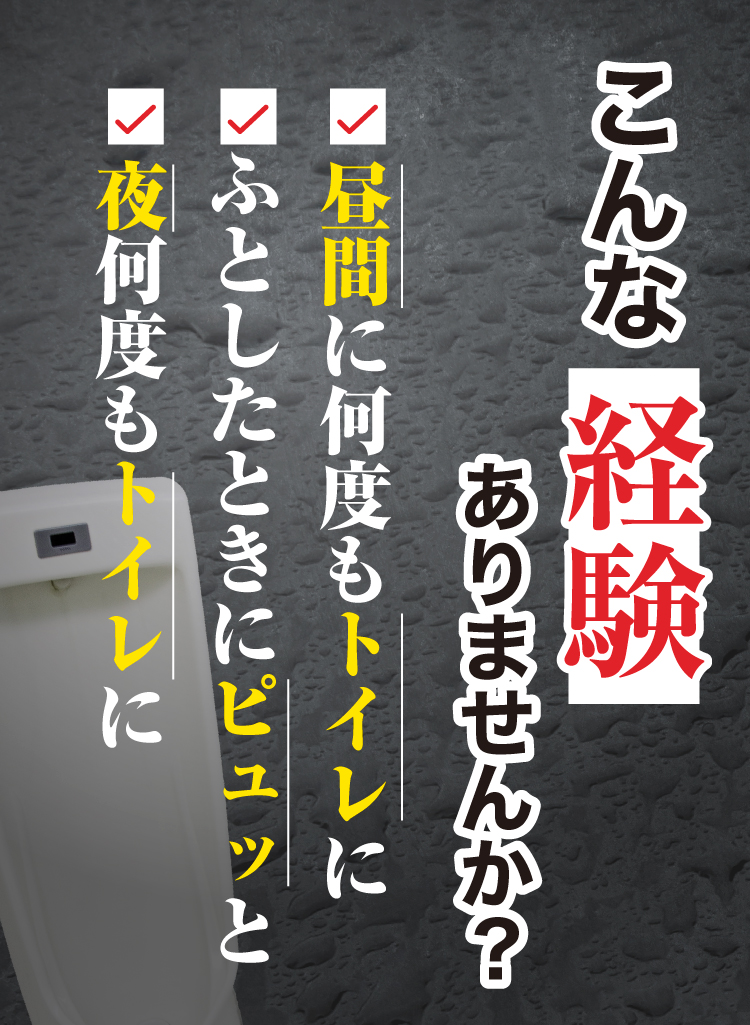 こんな経験ありませんか？昼間に何度もトイレに行く、ふとしたときにピュッと漏れる、夜何度もトイレに起きる。