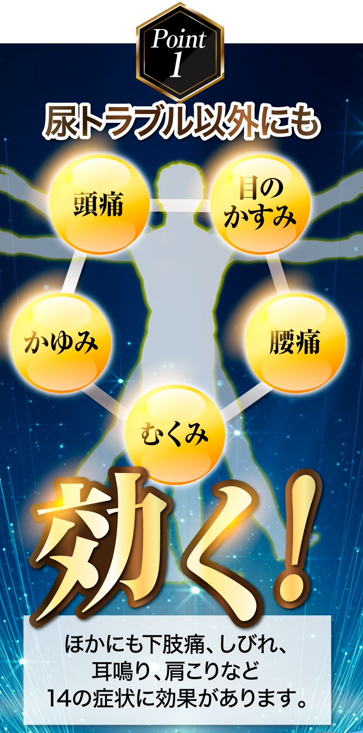 point1.　尿トラブル以外にも、頭痛、目のかすみ、腰痛、むくみ、かゆみなど、14の症状に効く！