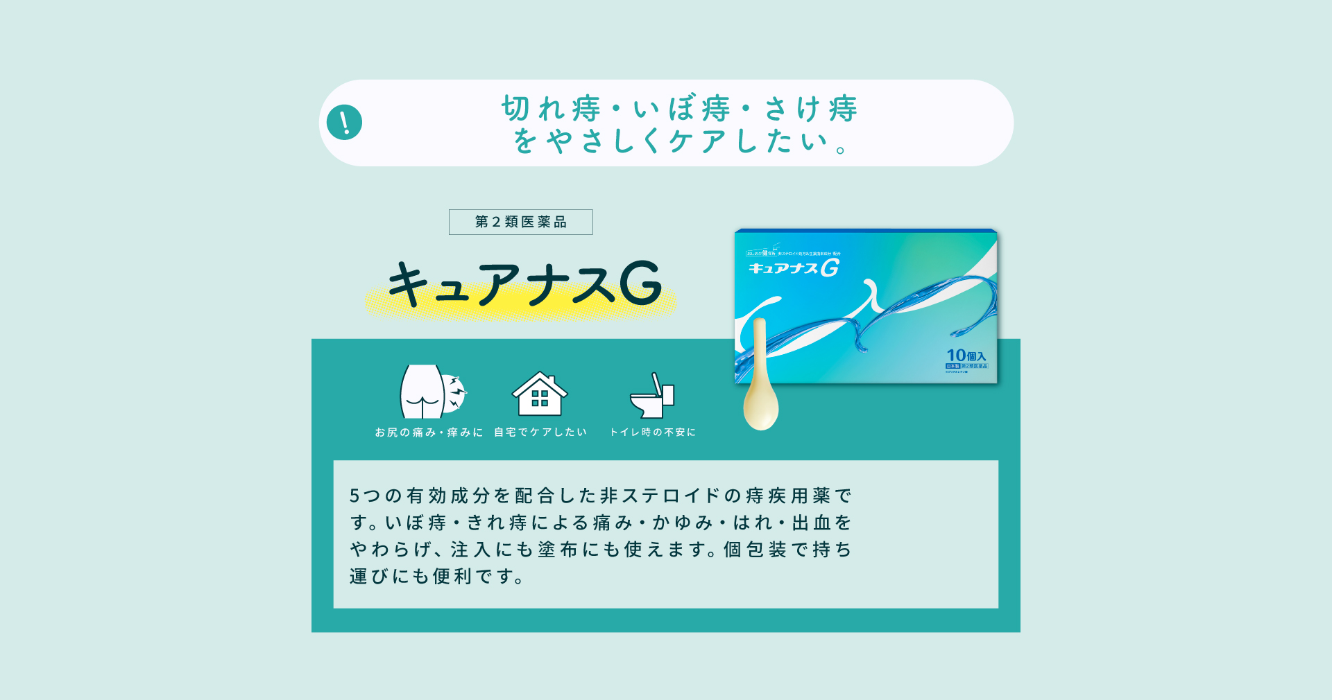 キュアナスG。5つの有効成分を配合した非ステロイドの痔疾用薬で、切れ痔・いぼ痔による痛み・かゆみ・出血をやわらげます。