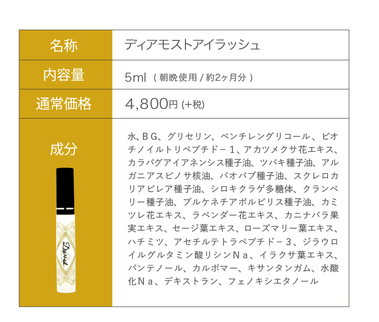 ディアモストアイラッシュの配合成分