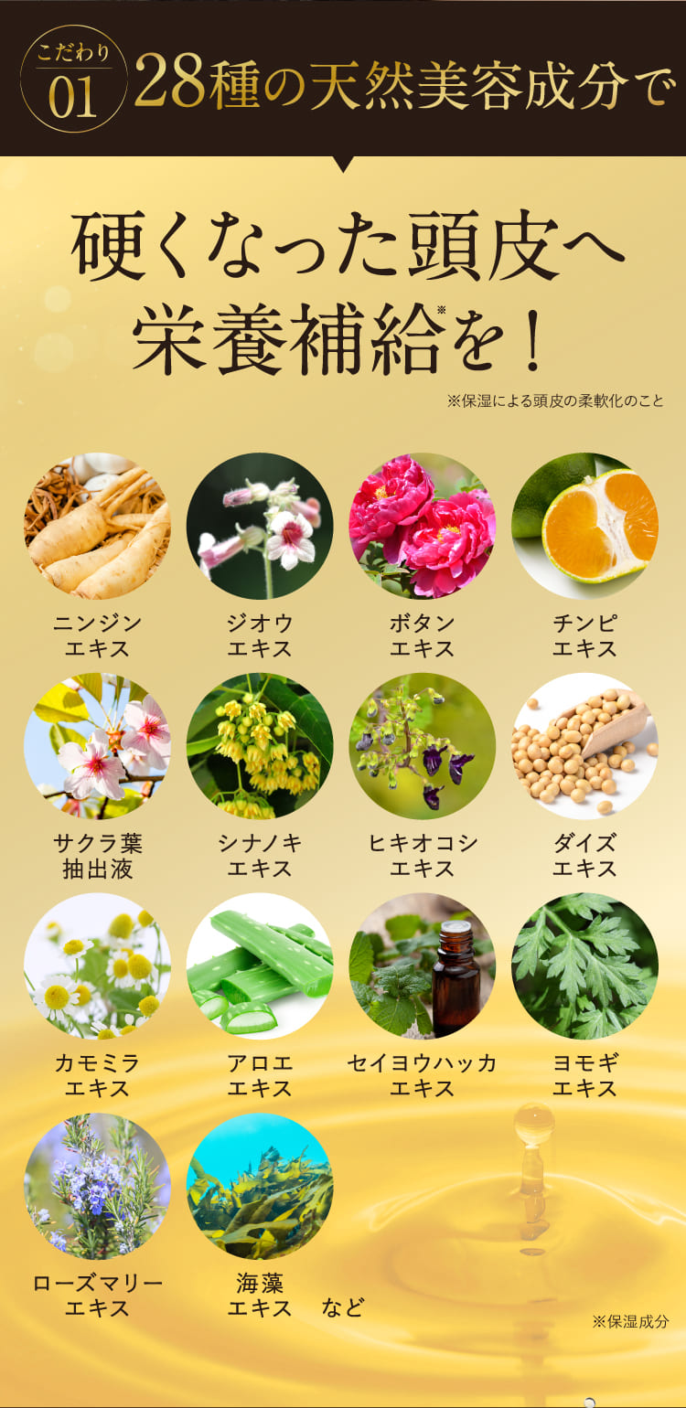 01.28種類の天然由来成分で硬くなった頭皮へ栄養補給