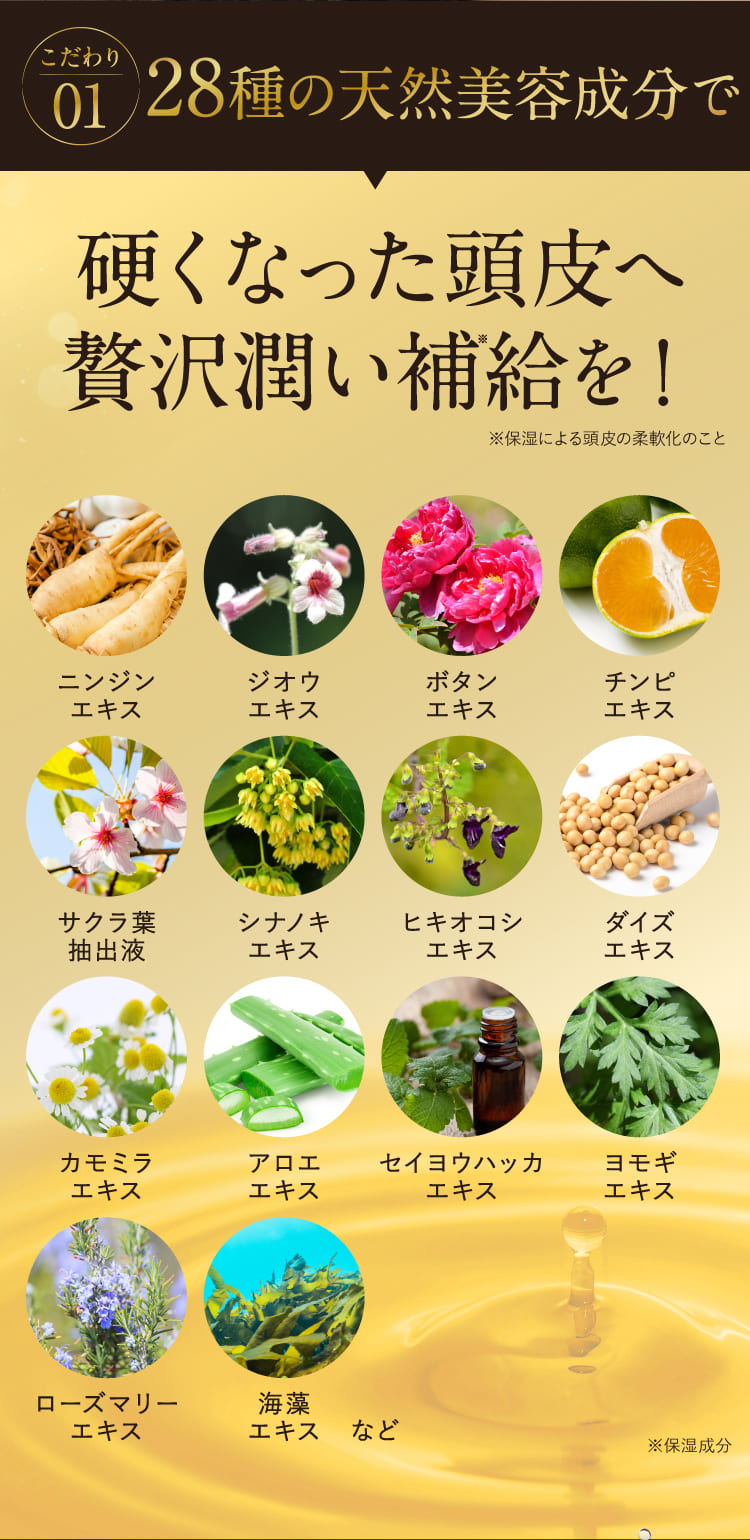 01.28種類の天然由来成分で硬くなった頭皮へ栄養補給
