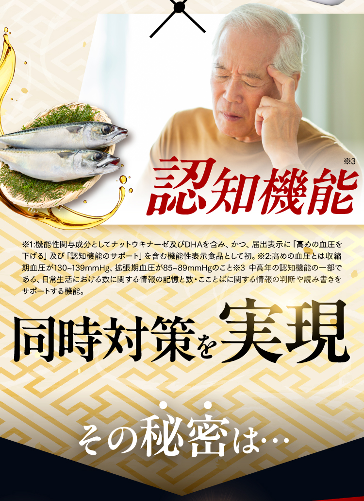 日本で初めて2つの機能性関与成分を配合し、高めの血圧と認知機能にアプローチできる商品。