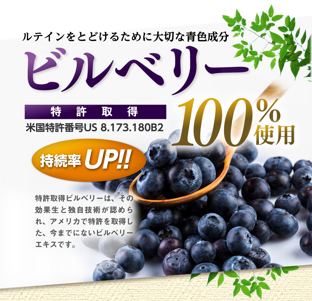 数あるブルーベリーの中から厳選したのが、特許取得ビルベリー100％使用