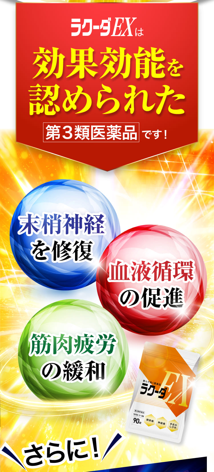 ラクーダEXは効果効能が認められた第三類医薬品です。末梢神経を修復、血液循環の促進、筋肉疲労の緩和。