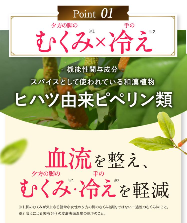 ポイント１、むくみ×冷え　ヒハツ由来ピペリン類「血流を整え、むくみ・冷えを軽減」