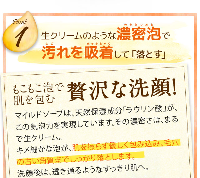 ポイント1 生クリームのような濃密泡で汚れを吸着して「落とす」