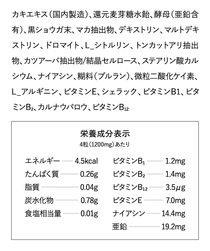 カキエキス（国内製造）、還元麦芽糖水飴、酵母（亜鉛含有）、黒ショウガ末、マカ抽出物、デキストリン、マルトデキストリン、ドロマイト、L_シトルリン、トンカットアリ抽出物、カツアーバ抽出物/結晶セルロース、ステアリン酸カルシウム、ナイアシン、糊料（プルラン）、微粒二酸化ケイ素、L_アルギニン、ビタミンE、シェラック、ビタミンB1、ビタミンB₂、カルナウパロウ、ビタミンB₁₂